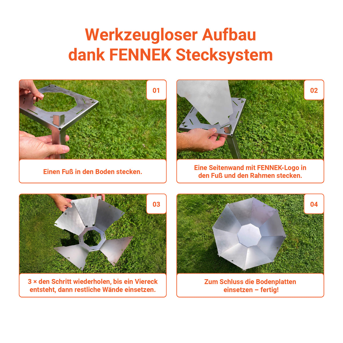 FENNEK Oktagon Feuerschale Infografik zu dem Aufbau ohne Werkzeuge dank FENNEK Stecksystem