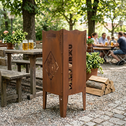 Die FENNEK Feuersäule mit dem Parkbräu Logo steht in einem schönem Biergarten. Die Säule aus Stahl hat eine schöne Rostoptik und eignet sich somit perfekt als rustikaler Eyecatcher.
