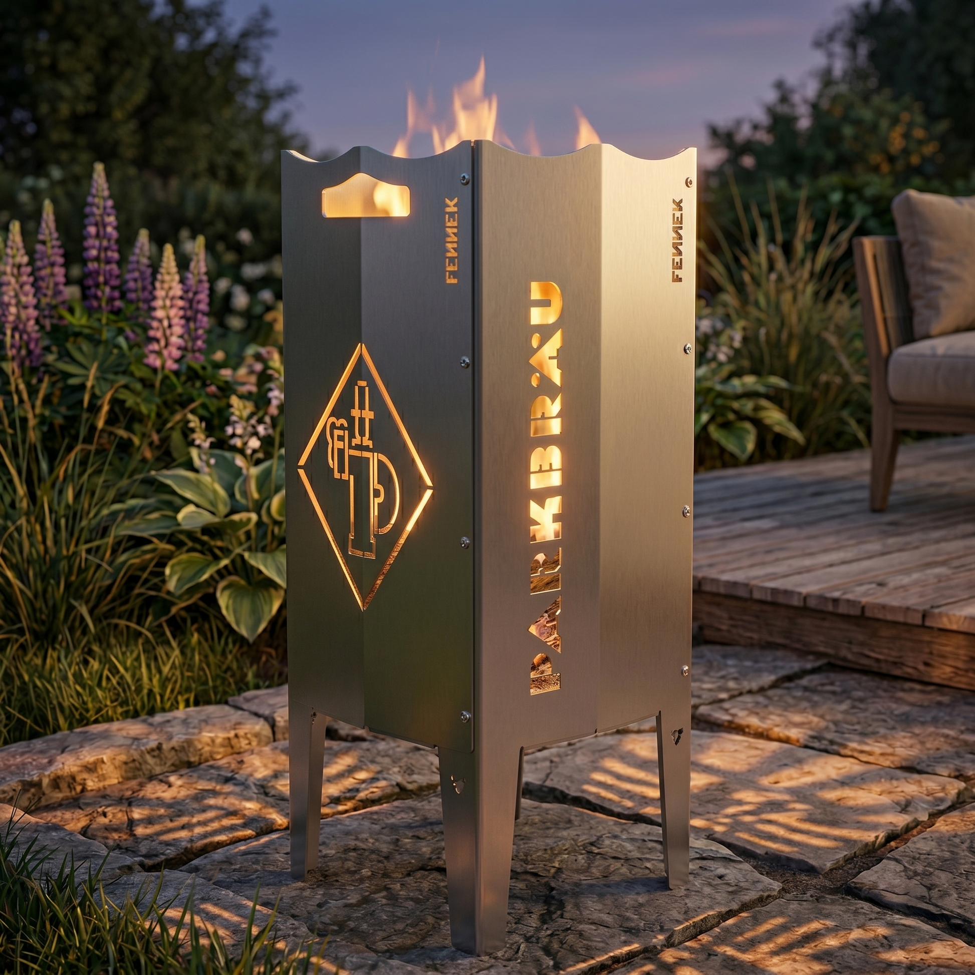 Szenebild zeigt die FENNEK Feuersäule mit dem Parkbräu Logo befeuert in einem Garten bei schönem abendlichen Licht. Sie ist perfekt für alle Fans, Sammler und Bierliebhaber. Das unverwechselbare Parkbräu Logo ist präzise ausgeschnitten und sorgt befeuert für ein unverwechselbares Erlebnis.