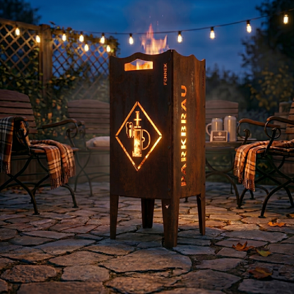 Die FENNEK Feuersäule mit dem Parkbräu Logo steht auf der Terrasse bei schönem abendlichen Licht. Ein warmes Feuer lodert und sorgt für eine gemütliche Stimmung. Die Säule aus Stahl hat eine schöne Rostoptik und eignet sich somit perfekt als rustikaler Eyecatcher.