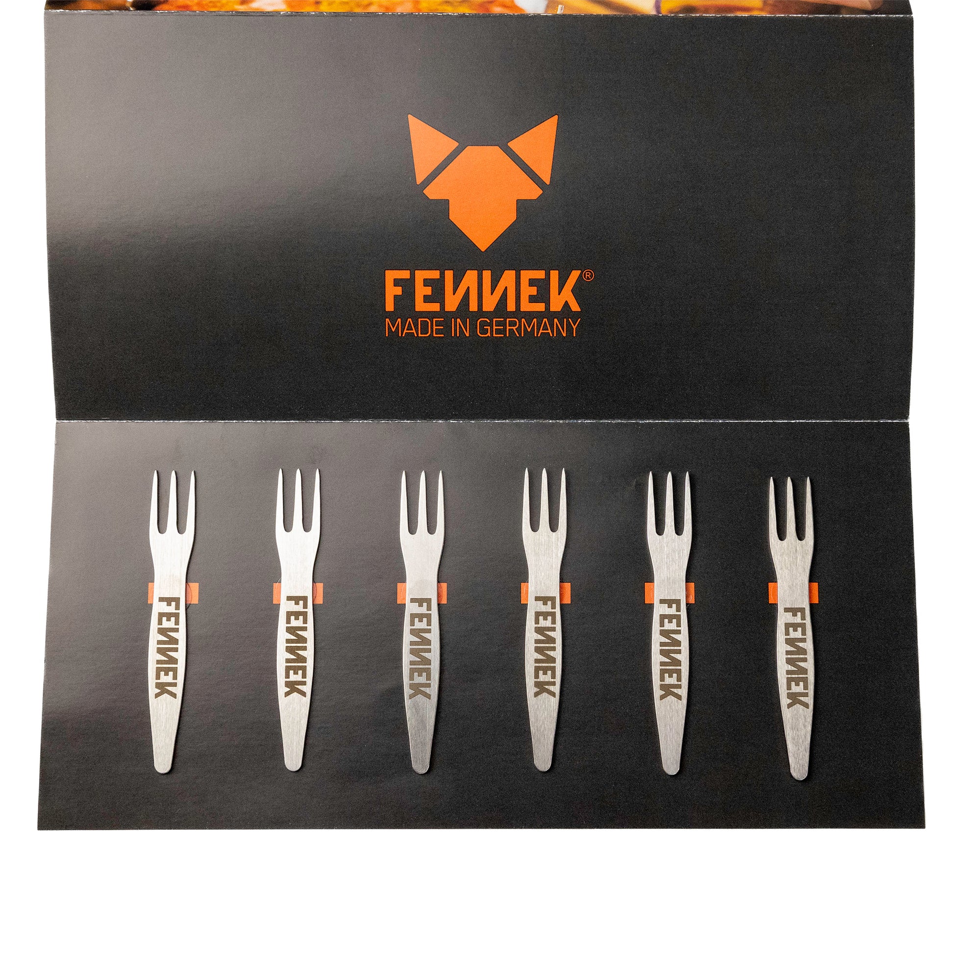 6 FENNEK Edelstahl Pieker liegen in ihrer vorgesehenen Verpackung
