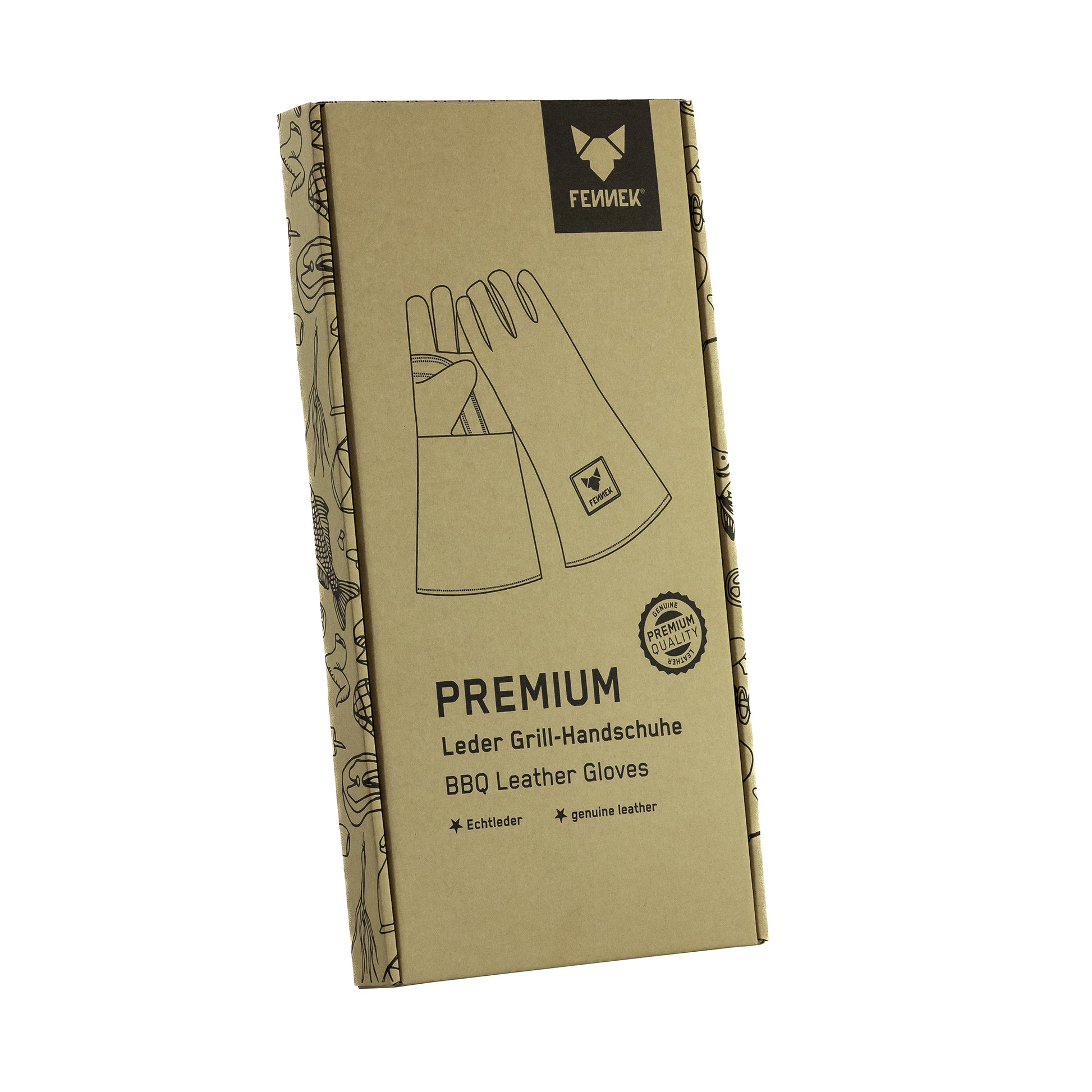 Produktverpackung bedruckter Karton mit Abbildung der Leder Grill-Handschuhe und FENNEK-Logo.