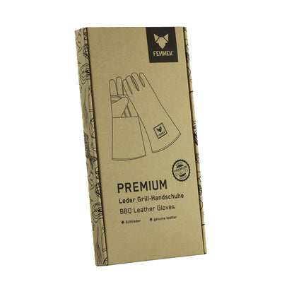 Produktverpackung bedruckter Karton mit Abbildung der Leder Grill-Handschuhe und FENNEK-Logo.