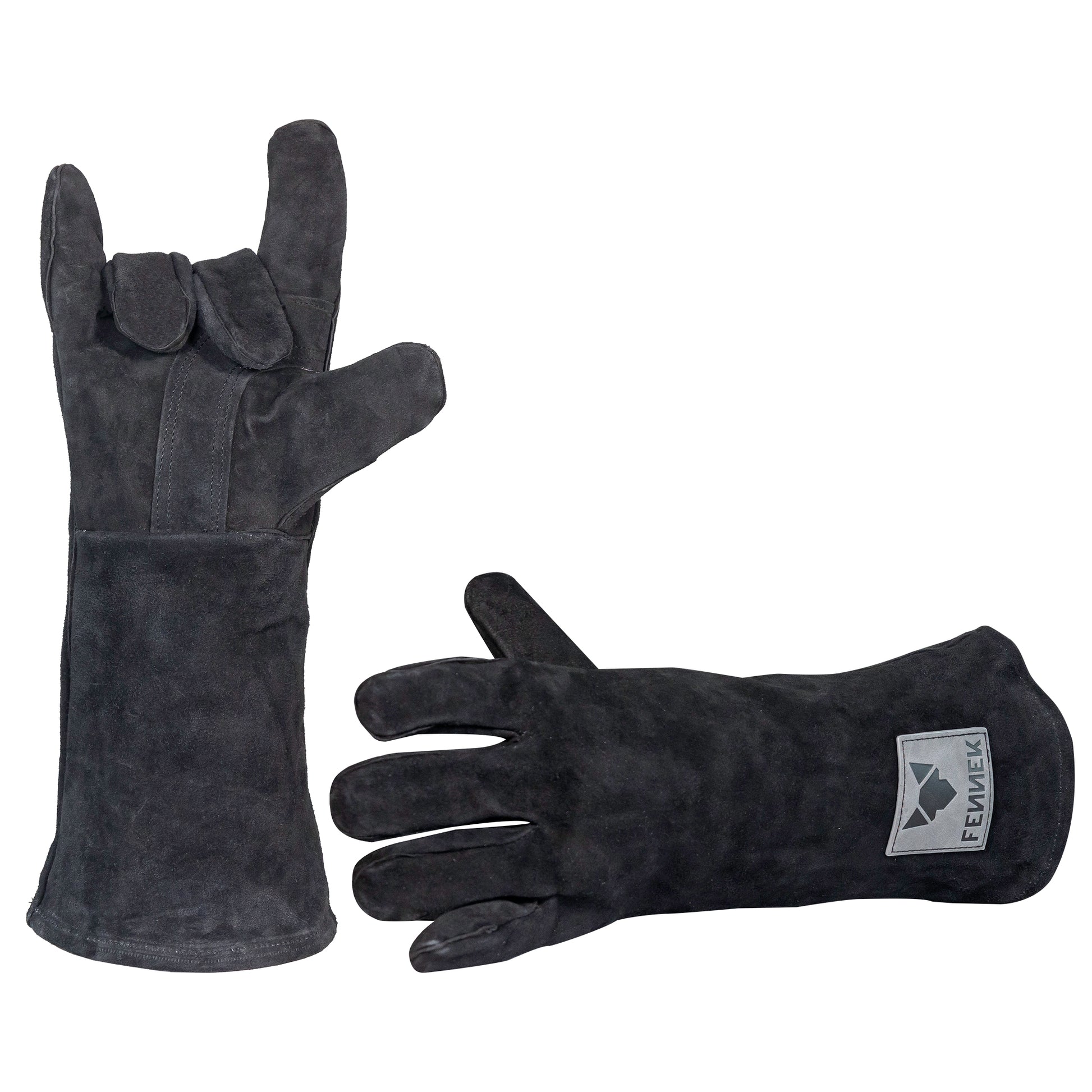 Rechter und linker Grillhandschuh aus schwarzgefärbten Leder mit grauer FENNEK-Logo Applikation