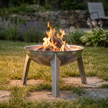 Die FENNEK Feuerschale Rustic steht befeuert in einem schönen Garten. Sie ist die perfekte Feuerschale, für alle, die trotz kleinem Garten nicht auf ein gemütliches Feuer verzichten können. Mit der Zeit entwickelt die Feuerschale ihre ansprechende Rost-Optik, die sie zu einem Dekoelement macht.