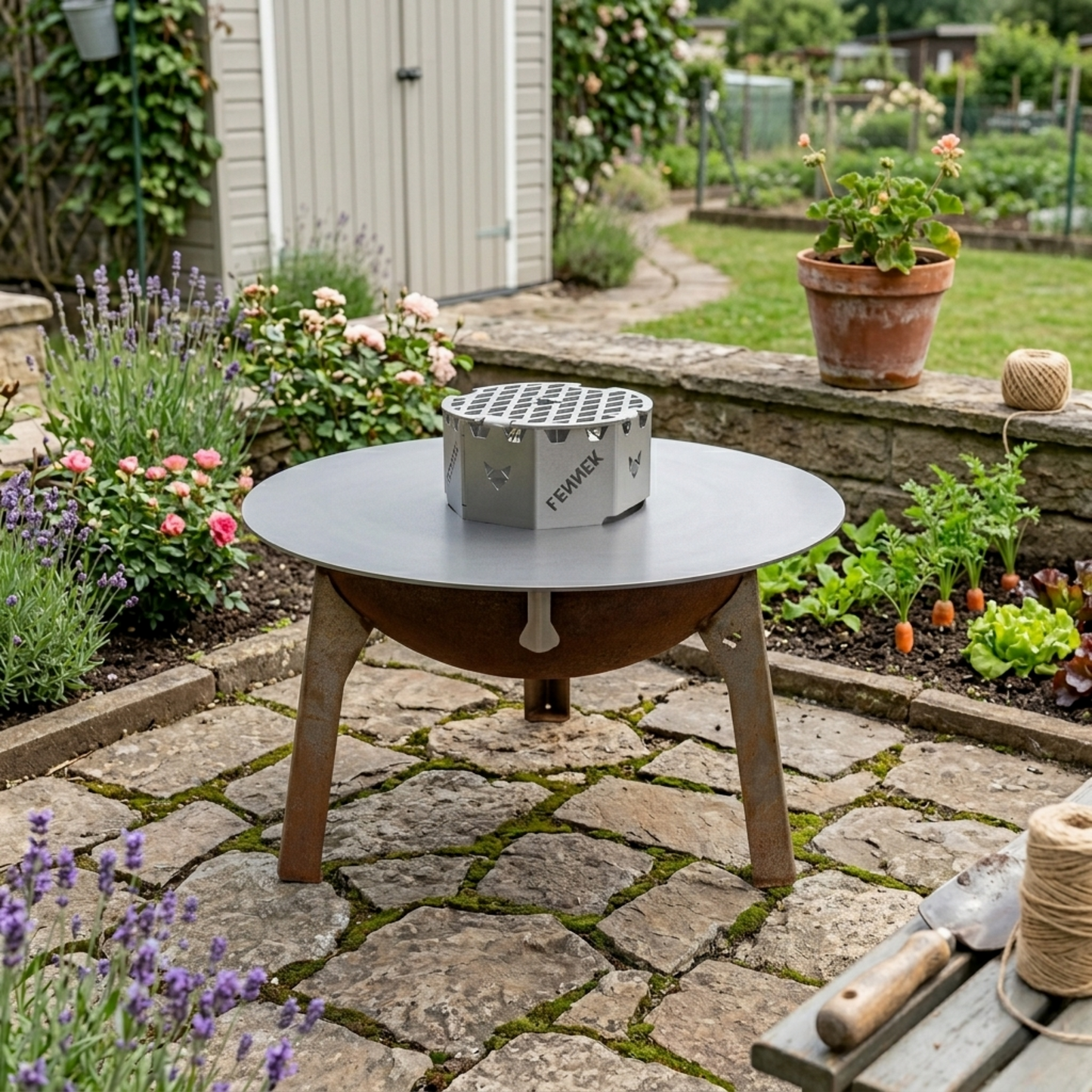 Die FENNEK Feuerschale Rustic steht in einem Gemüsegarten umringt von einem Blumen- und Gemüsebeet. Die Feuerschale wurde mit den Universal Abstandshaltern und der 55er Feuerplatte zu einem Grill erweitert. Der passende Wokaufsatz und der Grillrost runden das Grill-Setup optimal ab.