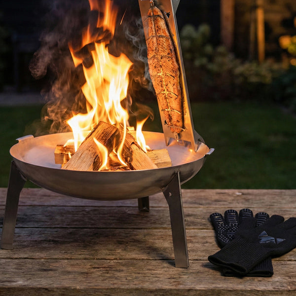 Feuerschale 3Pod Edelstahl mit Edelstahl Flammlachshalter und Grillhandschuhen aus Stoff