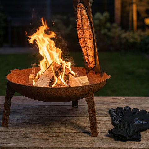 Feuerschale 3Pod Stahl mit Edelstahl Flammlachshalter und Grillhandschuhen aus Stoff