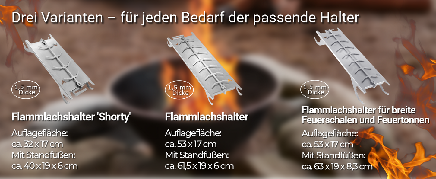 Das Bild zeigt alle drei Varianten vom FENNEK Flammlachshalter mit kurzer Information über die Maße.