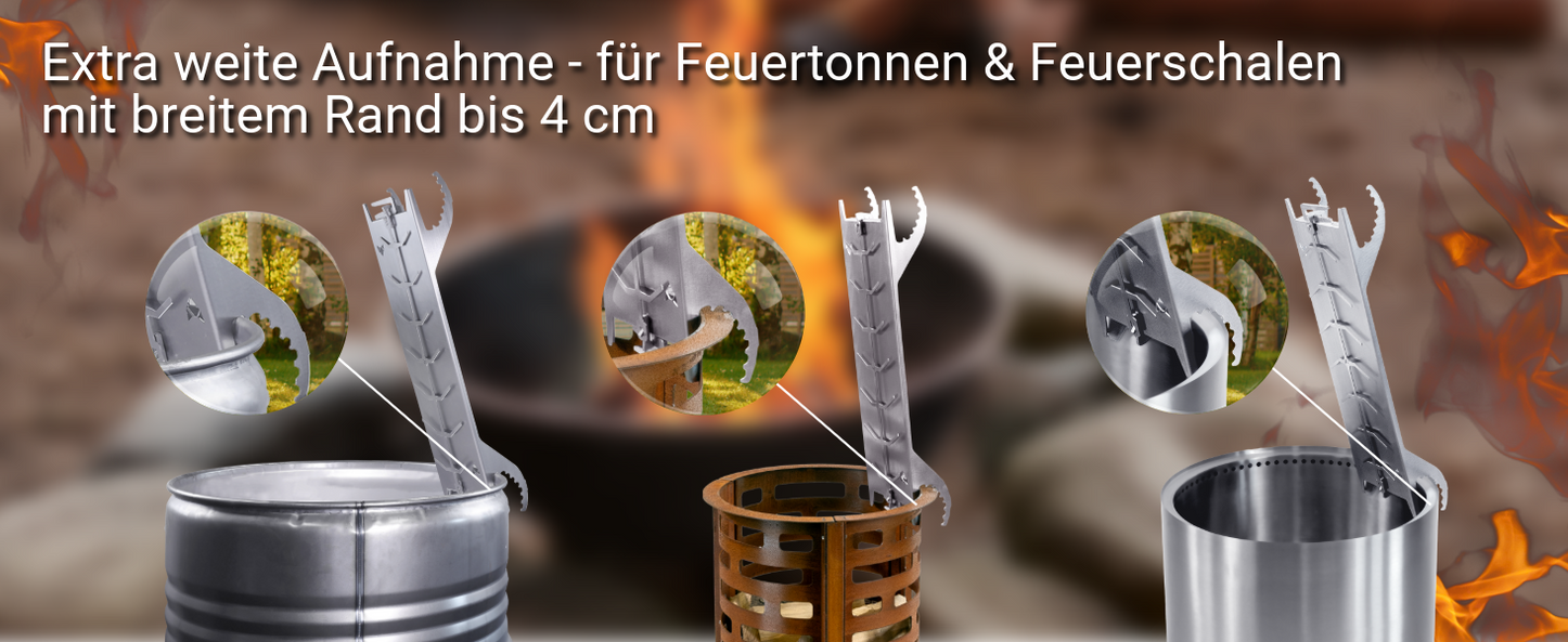 Bild zeigt, dass der breite FENNEK Flammlachshalter eine extra weite Aufnahme hat und somit auf Feuertonnen und Feuerschalen mit breitem Rand bis 4 cm passt.
