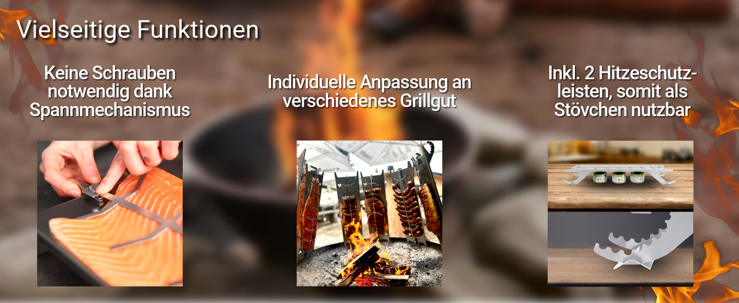 Das Bild zeigt die vielseitigen Funktionen vom FENNEK Flammlachshalter. Zum einen sind keine Schrauben notwendig und er lässt sich auf verschiedenes Grillgut anpassen, wie Würstchen, Hühnchen und Rippchen. Außerdem wird er mit zwei Hitzeschutzleisten geliefert und damit ist eine Verwendung als Stövchen möglich.