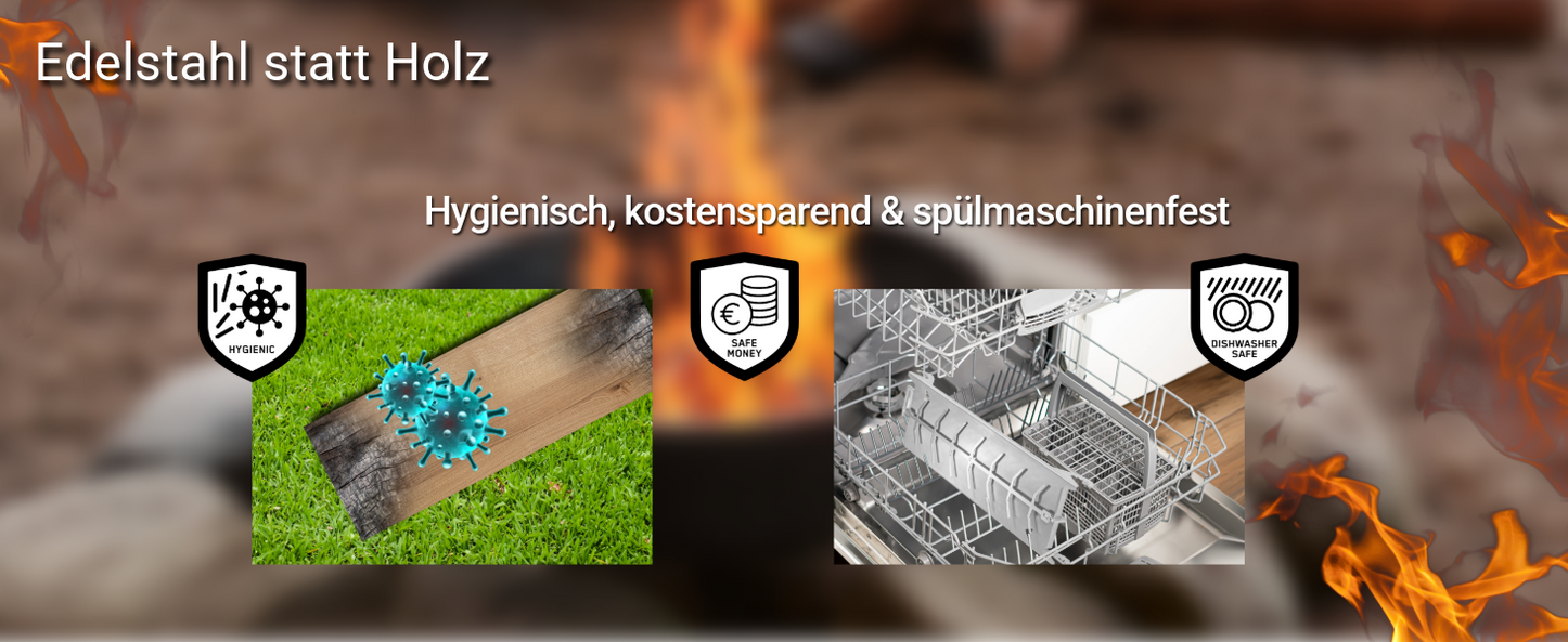 Das Bild zeigt den Unterschied zwischen der Verwendung von Holz und Edelstahl. Die FENNEK Edelstahl Variante ist hygienischer, kostensparend und spülmaschinenfest.