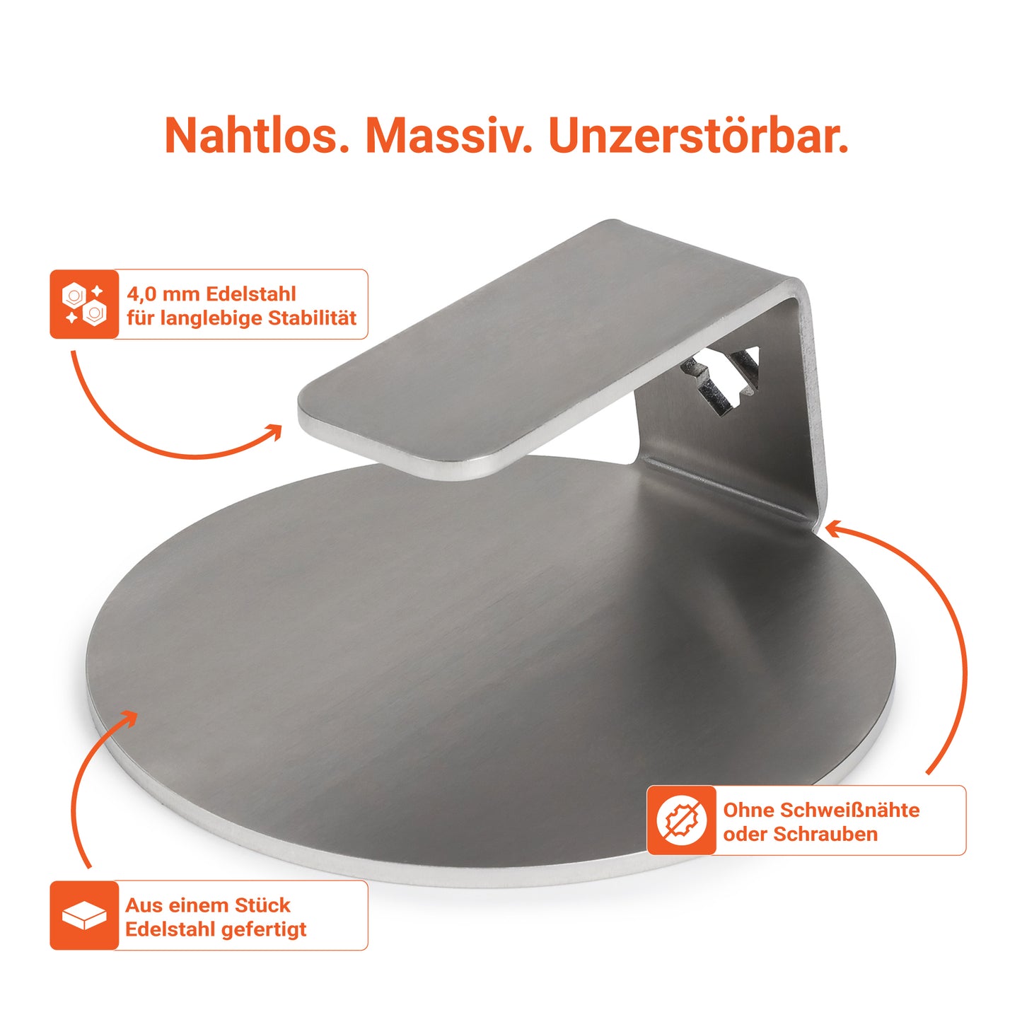 Der FENNEK Burger Smasher ist nahtlos, massiv und unzerstörbar. Produziert wird er aus 4 mm langlebigen Edelstahl - ganz ohne Schweißnähte und Schrauben.