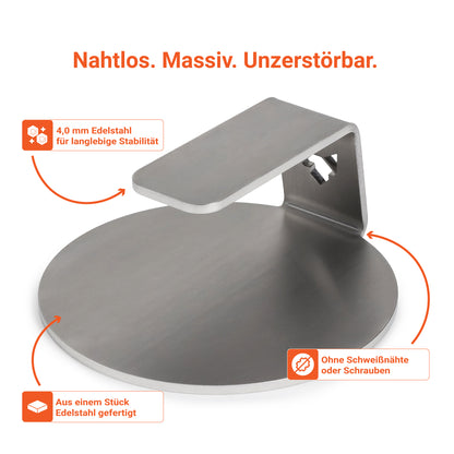 Der FENNEK Burger Smasher ist nahtlos, massiv und unzerstörbar. Produziert wird er aus 4 mm langlebigen Edelstahl - ganz ohne Schweißnähte und Schrauben.