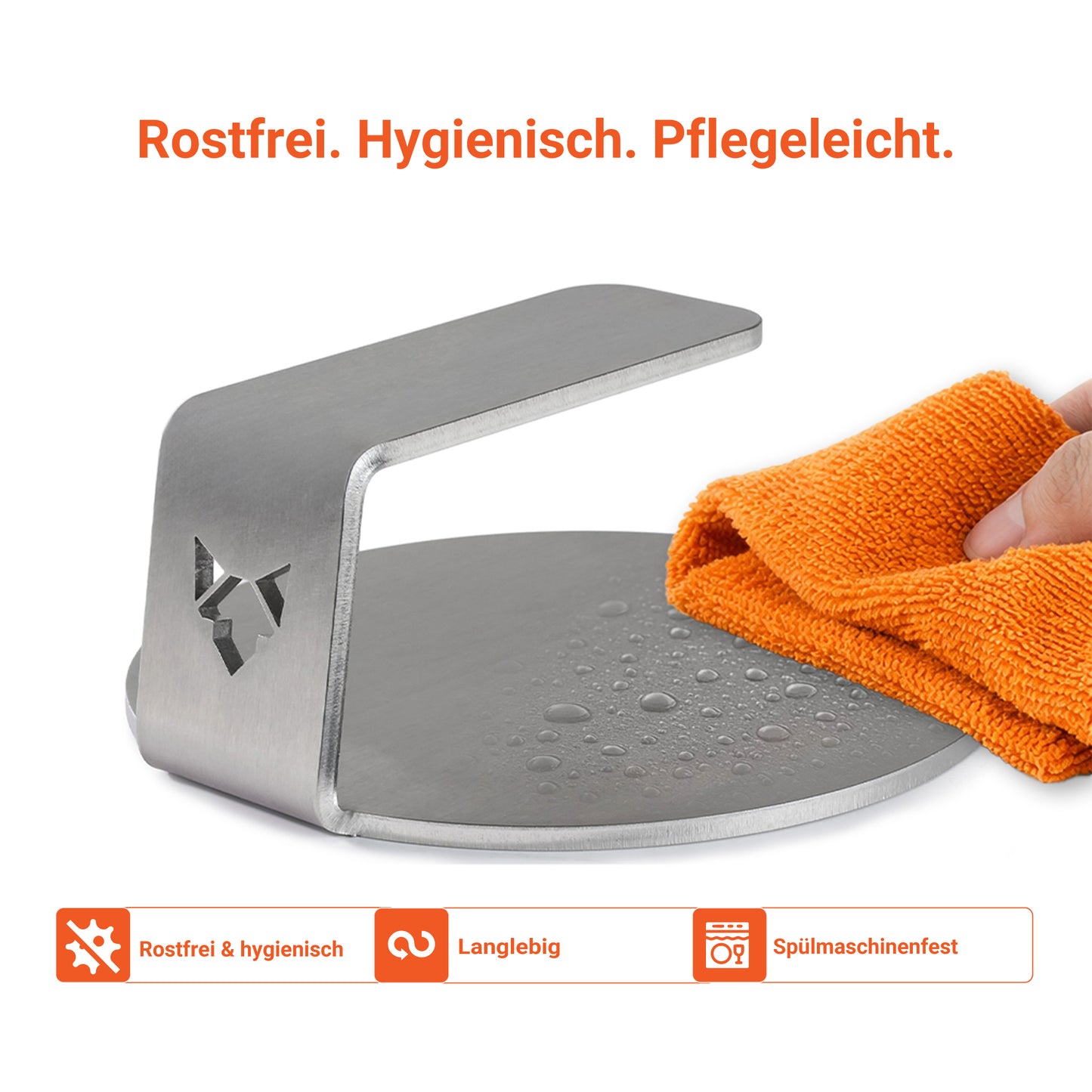 Die Infografik zeigt, dass der FENNEK Burger Smasher rostfrei, hygienisch und pflegeleicht ist. Entweder man wischt den Smasher mit einem feuchten Tuch ab oder packt ihn in die Spülmaschine.