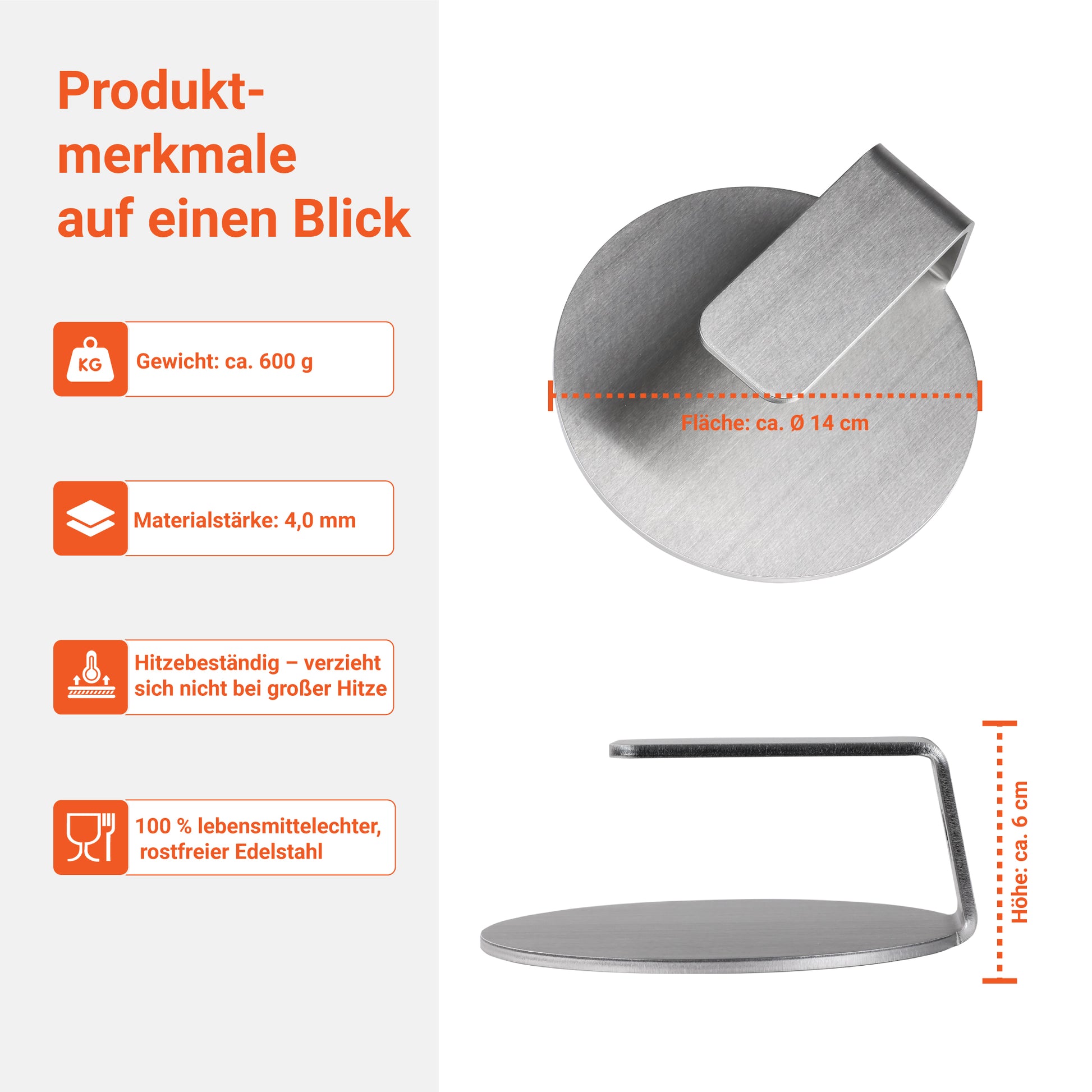 Die Infografik zeigt die Produktmerkmale des FENNEK Burger Smasher auf einen Blick. Er ist hitzebeständig, verzieht sich nicht bei Hitze und besteht aus 4 mm starkem lebensmittelechtem Edelstahl.
