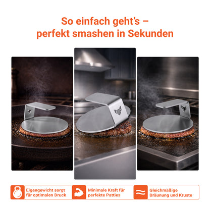 Das Eigengewicht vom FENNEK Burger Smasher sorgt für optimalen Druck beim Smashen, sodass mit minimaler Kraft die perfekten Patties zubereitet werden - gleichmäßig gebräunt und eine schöne Kruste.