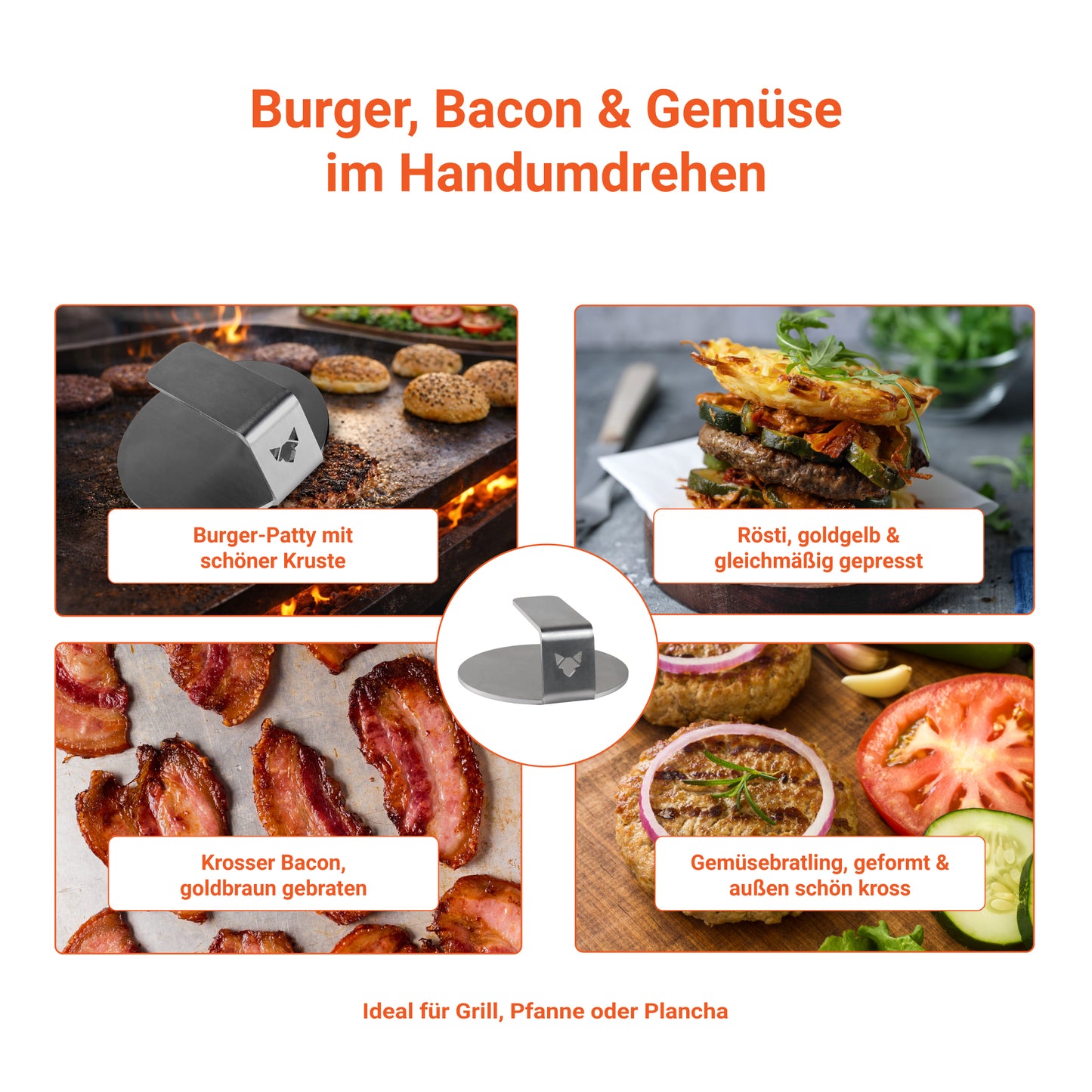 Die Infografik zeigt, dass der FENNEK Burger Smasher vielfältig einsetzbar ist und im Handumdrehen Burgerpatties, Bacon und Gemüsebratlinge perfekt formt und smashed. Der FENNEK Burger ist ideal für den Grill und die Pfanne.