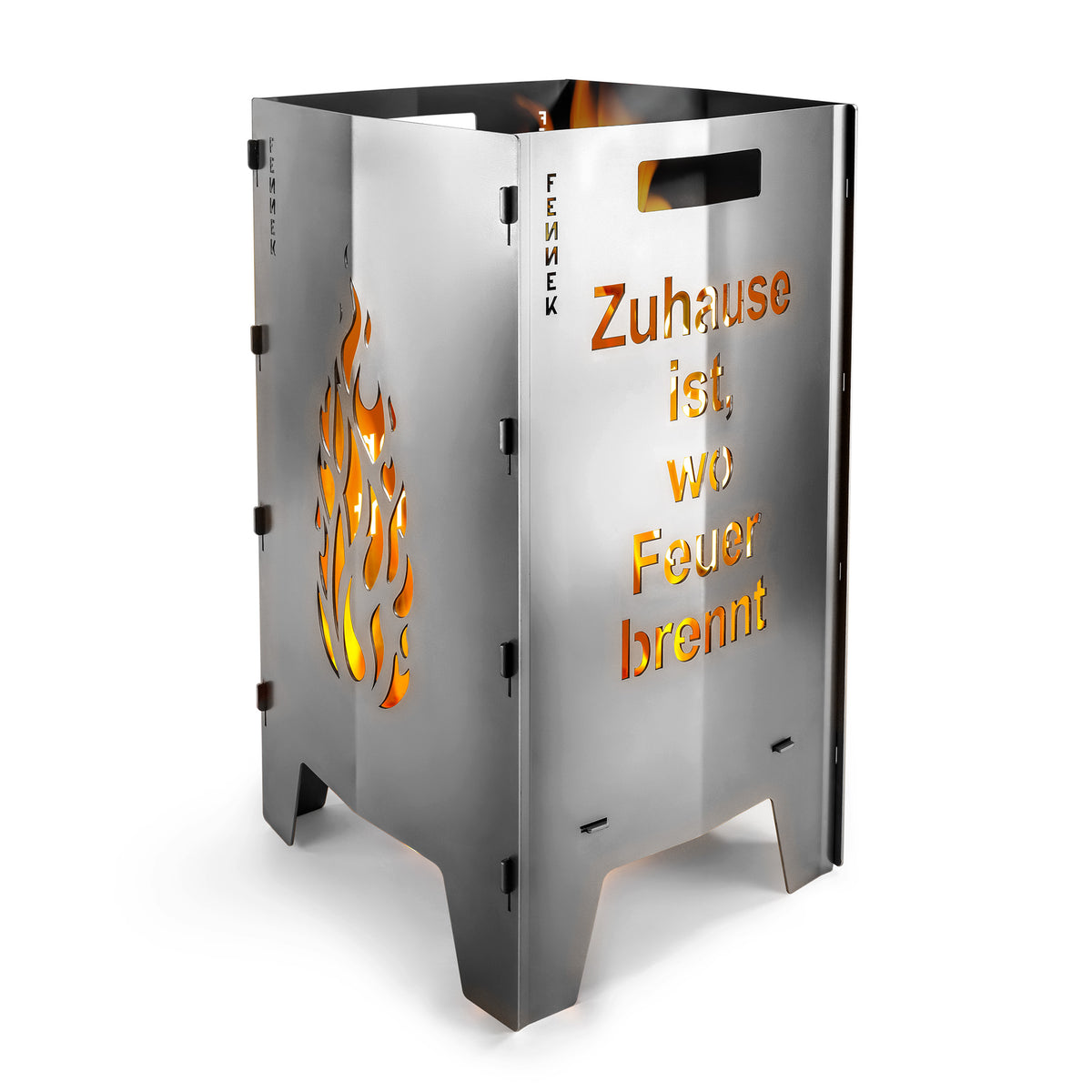 FENNEK Feuersäule personalisiert mit mit eigenem Motiv und Feuer, freigestellt auf weißem Hintergrund