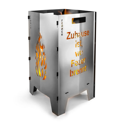 FENNEK Feuersäule personalisiert mit mit eigenem Motiv und Feuer, freigestellt auf weißem Hintergrund