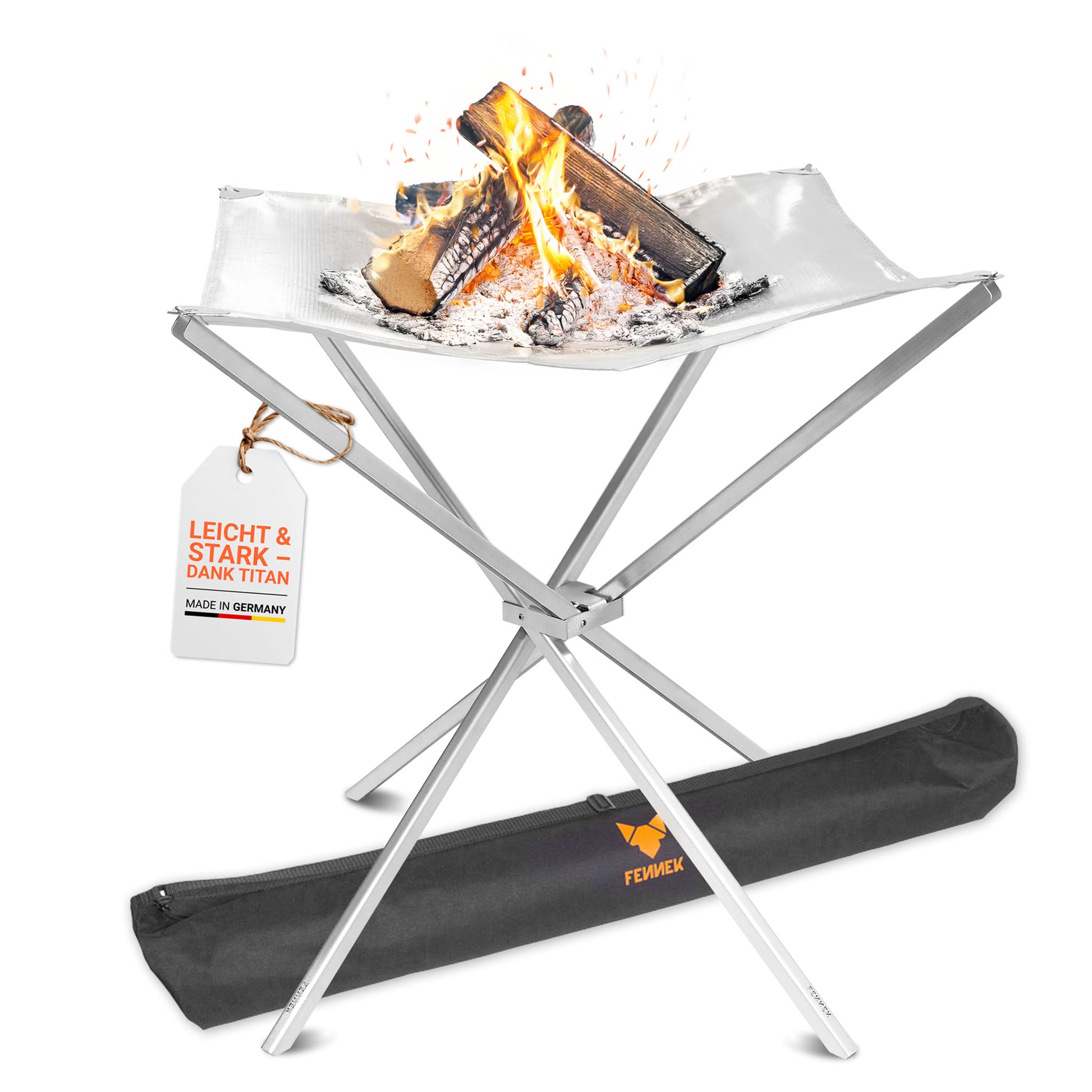 Freisteller vom FENNEK High Fire aus Titan. Dank seines Materials ist es leicht und stark. Im Lieferumfang enthalten ist auch die Tasche, in welcher das High Fire ganz einfach verstaut werden kann.