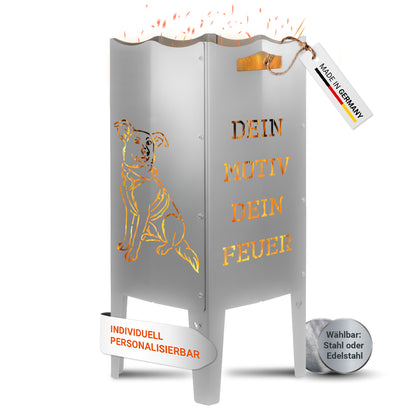 FENNEK Feuersäule mit eigenem Bild, Logo oder Motiv. Einfach Bild schicken und ganz persönliche Feuertonne erhalten. Made in Germany. Aus Stahl oder Edelstahl. 