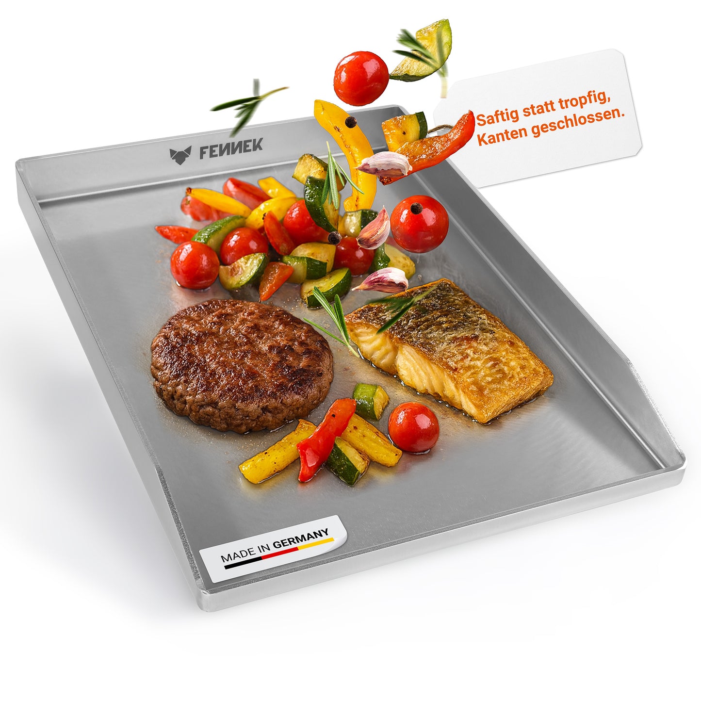 Titelbild der FENNEK Plancha mit geschlossenen Ecken - dargestellt mit saftig gebratenem Grillgut und Made in Germany.