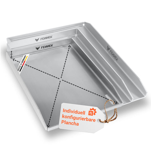 Titelbild der FENNEK individuellen Plancha. Es zeigt, dass man verschiedene Größen und Optionen der Plancha auswählen kann. Natürlich ist sie in Deutschland hergestellt und kann individuell nach eigenen Vorstellungen und Wünschen konfiguriert werden. 