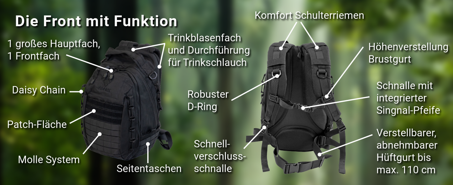 Links im Bild sieht den FENNEK Backpack One2explore von vorne und auf der rechten Seite von hinten. Das Bild erklärt die wichtigsten Features.