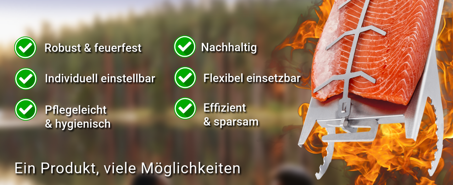 Rechts im Bild sieht man den FENNEK Flammlachshalter für breite und dahinter sind Flammen. Links im Bild sind sechs Vorteile vom Flammachshalter aufgelistet.