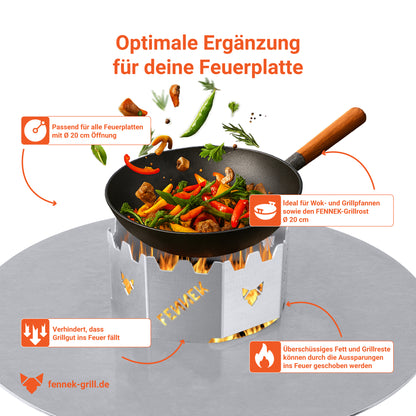 Details zum FENNEK Wokaufsatz für Feuerplatten und Grillringe mit einer 20 cm Öffnung. Made in Germany aus hochwertigem Edelstahl.