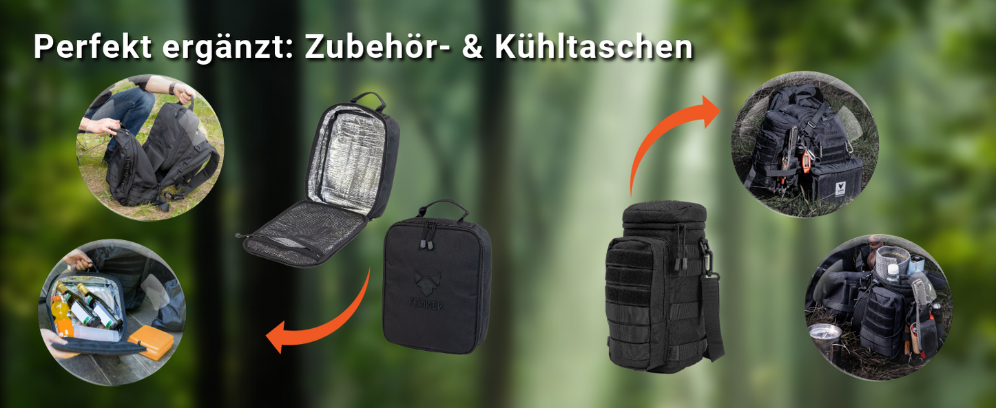 Bild zeigt die perfekten Ergänzungen für den FENNEK Backpack One2explore: Kühltasche und Zubebörtasche.