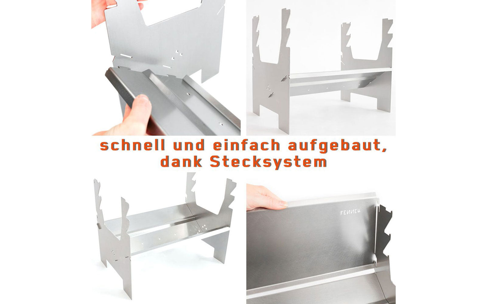 Vier kleine Bilder zeigen, dass der FENNEK 2.0 schnell und einfach aufgebaut ist, dank seinem Stecksystem.