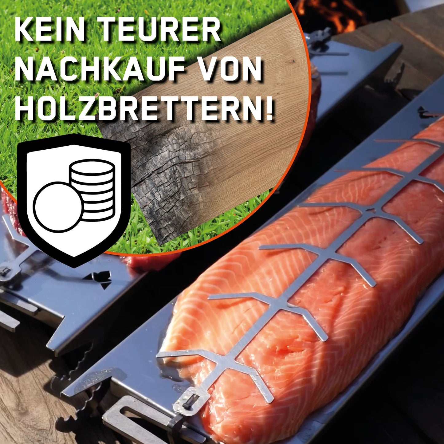 Loser Lachs auf Lachshalterung. In einem Detailbild sieht man verkohlte Bretter.
