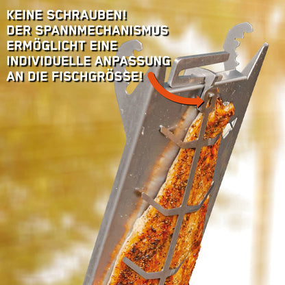 Nahaufnahme Lachs, ohne Schrauben, nur eine Klemme. Text mit: Keine Schrauben! Der Spannmechanismus ermöglicht eine individuelle Anpassung an die Fischgröße.