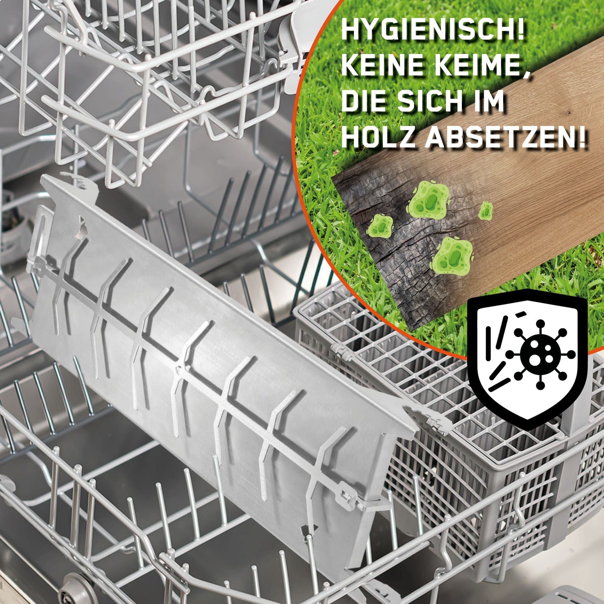 Flammlachshalterung in Spülmaschine. Detailbild mit verbranntem Brett und Text: Hygienisch! Keine Keime, die sich im Holz absetzen!