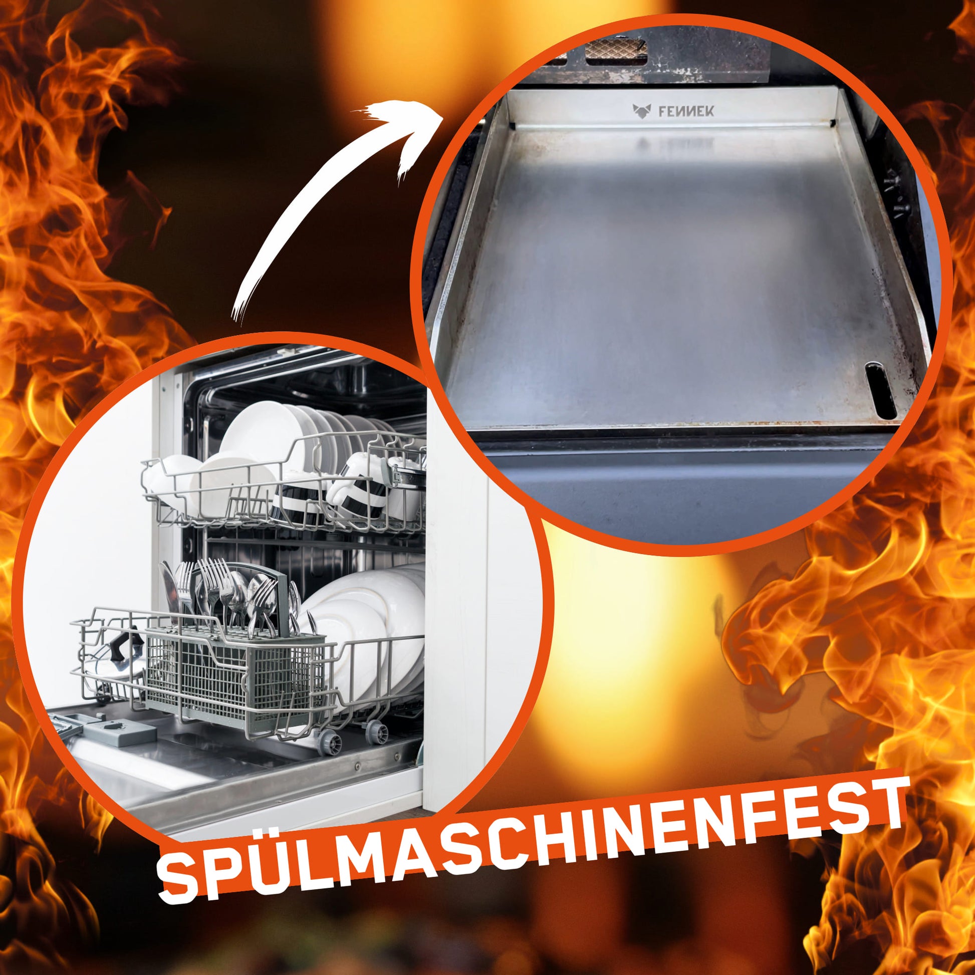 Bild zeigt, dass die FENNEK Plancha 40 x 30 cm mit Vorderkante und Ablaufloch auch spülmaschinenfest ist. Nach Entfernung grober Grillreste kann man sie einfach in die Spülmaschine packen.
