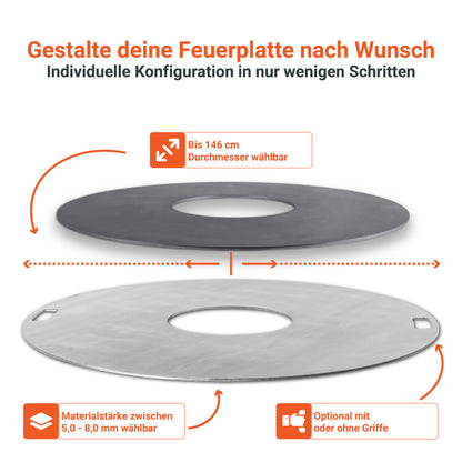 Die FENNEK individuelle Feuerplatte kannst du ganz nach deinen Wünschen gestalten: Wähle den Durchmesser, das Material, die Stärke und ob deine Platte Griffe haben soll. Du kannst dabei zwischen Edelstahl und Stahl wählen - natürlich made in Germany.