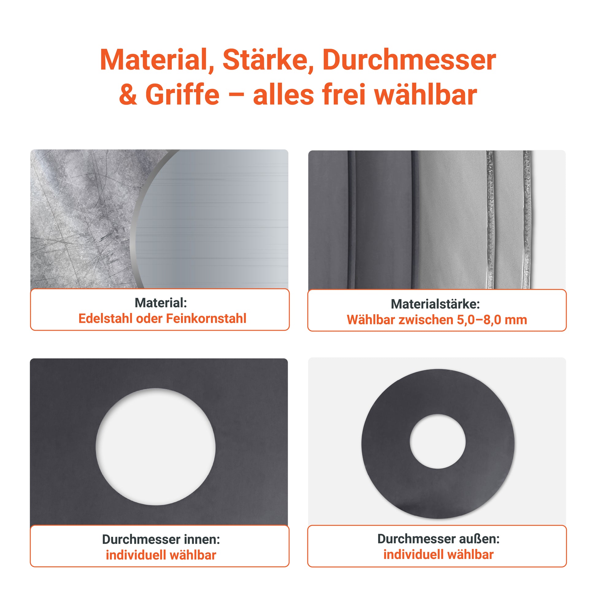 Bei der FENNEK individuellen Feuerplatte kannst du das Material, die Stärke, den Durchmesser und die Griffe frei wählen, damit sie genau zu deinen Ansprüchen passt. 