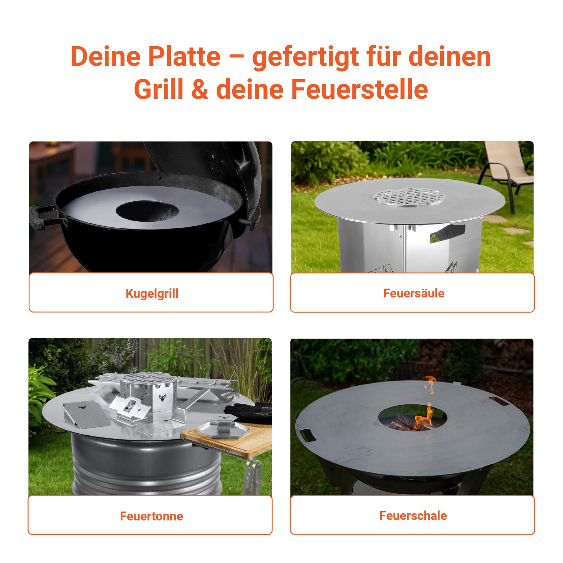 Die FENNEK individuelle Feuerplatte ist vielseitig einsetzbar, genau auf deine Wünsche zugeschnitten: Für den Kugelgrill, auf der Feuersäule oder Tonne, oder ganz klassisch mit einer Feuerschale.
