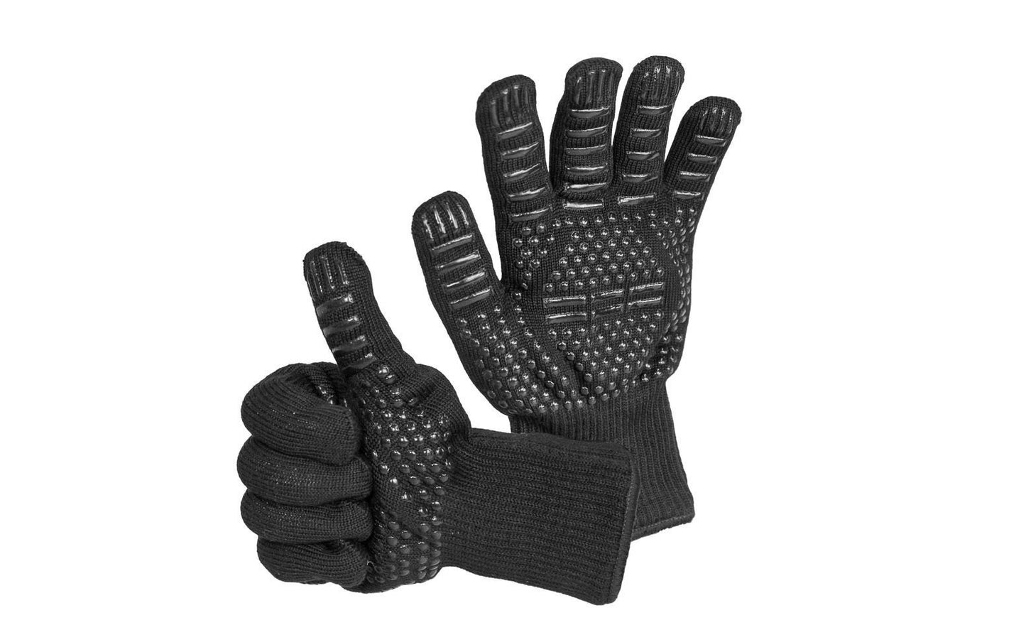 Zwei schwarze gestrickte Grillhandschuhe mit Silikon-Noppen, davon ein Handschuh mit "Daumen-hoch" Gestik