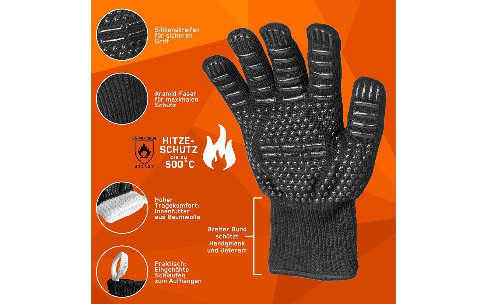 Schaubild mit schwarzem Grillhandschuh aus Stoff mit Silikon-Noppen, zeigt Vorteile und Features.