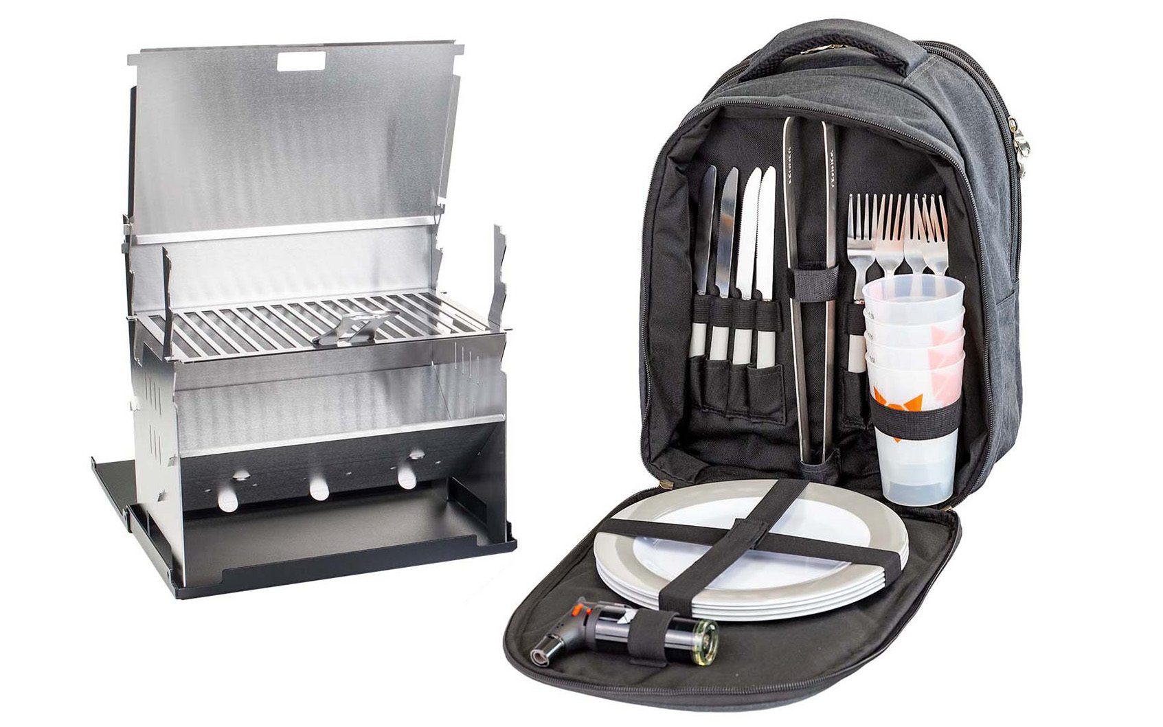 Links der FENNEK Grill aufgebaut und rechts daneben nach vorne geöffneter Rucksack mit Picknick-Set für 4 Personen.