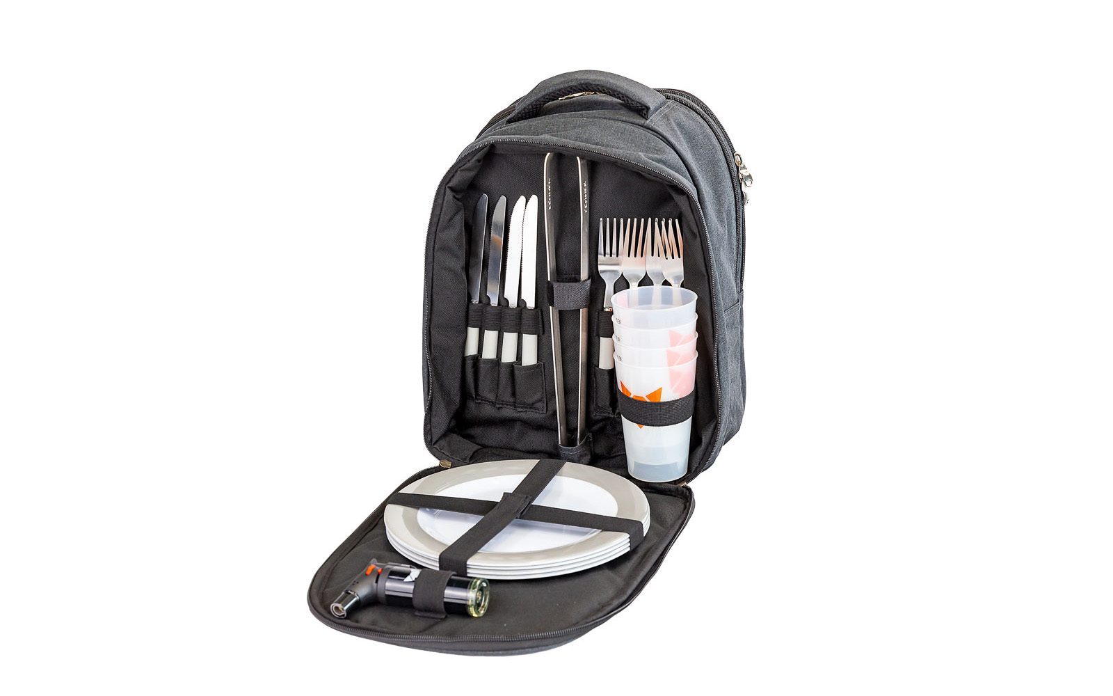 nach vorne geöffneter Rucksack mit Picknick-Set für 4 Personen.