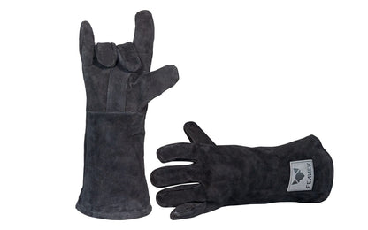 Rechter und linker Grillhandschuh aus schwarzgefärbten Leder mit grauer FENNEK-Logo Applikation