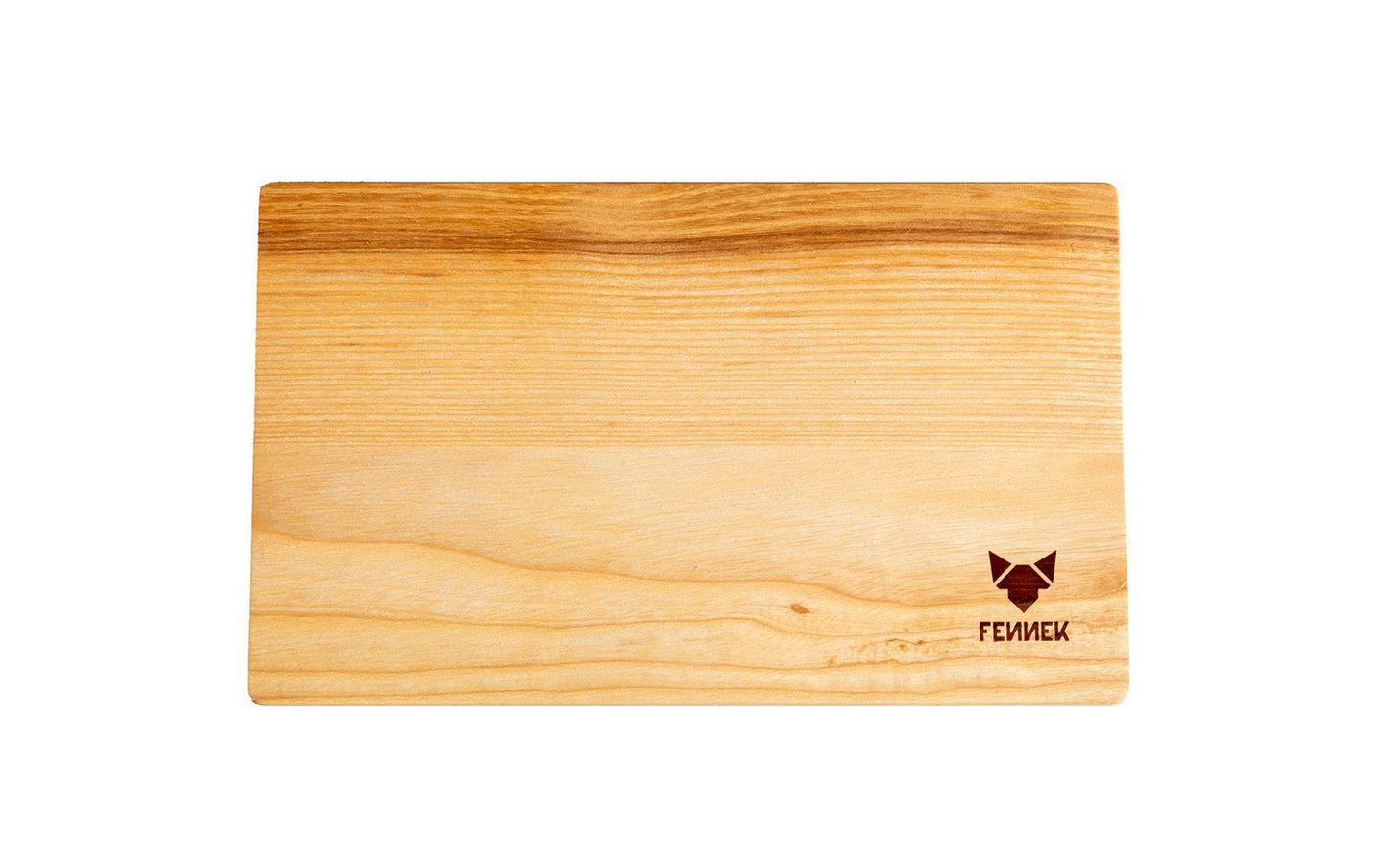 Ein helles Holzbrett mit FENNEK Logo-Branding rechts unten, von oben auf weißem Hintergrund