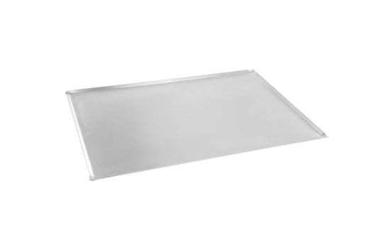 rechteckiges Edelstahlblech mit abgerundeten Ecken und leicht hochgezogenen Seiten um als Deckel- oder Bodenblech zu dienen.